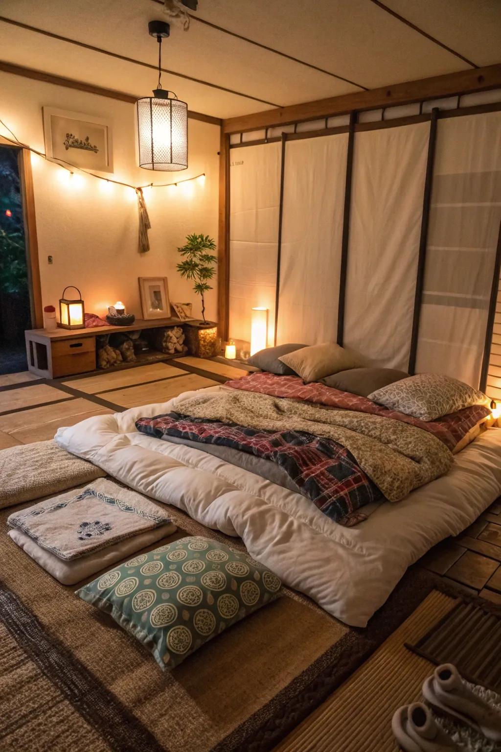 Layered textiles bring a cozy, warm vibe to a minimalist floor bed.