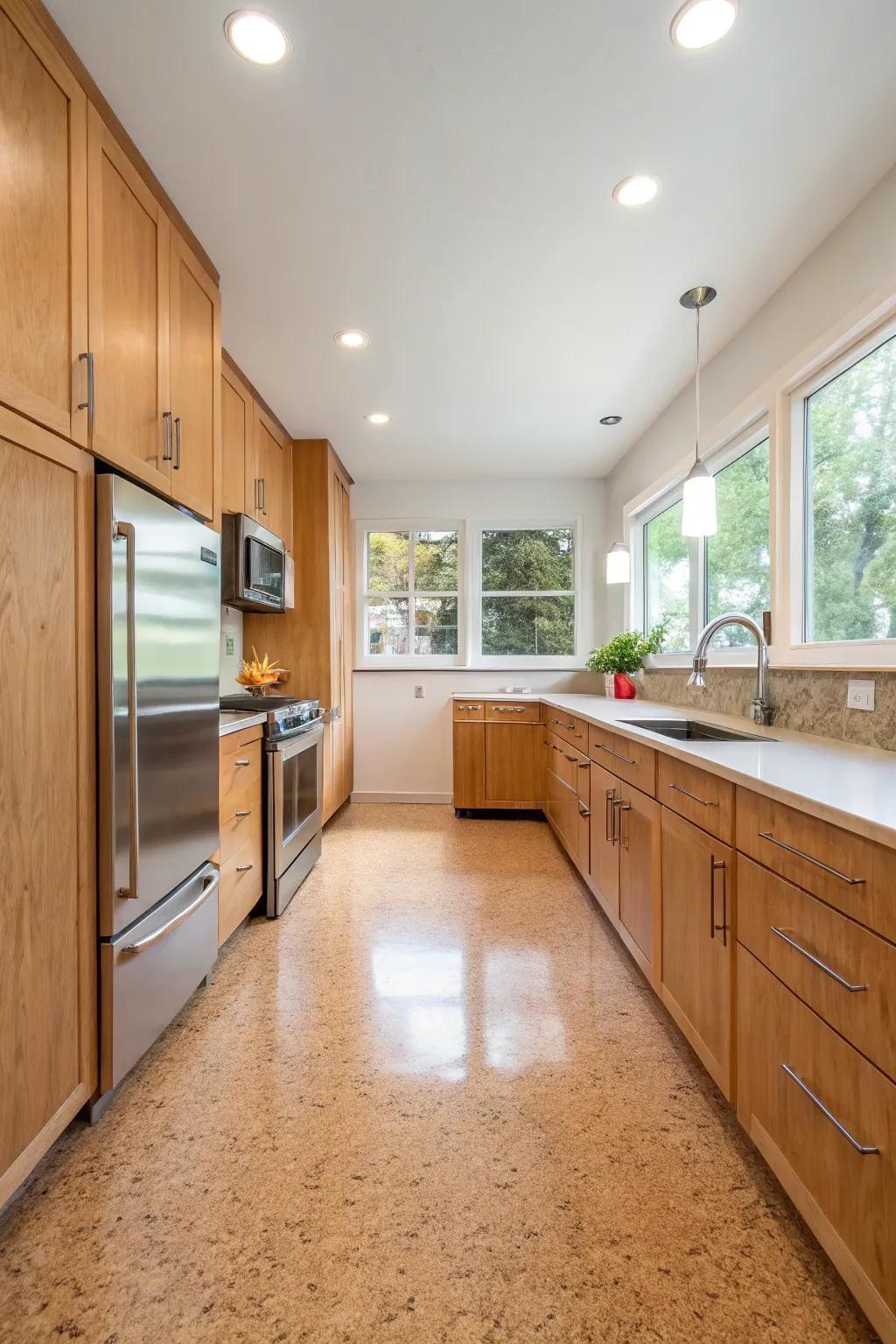Cork flooring presents an eco-conscious option with a comfortable feel.