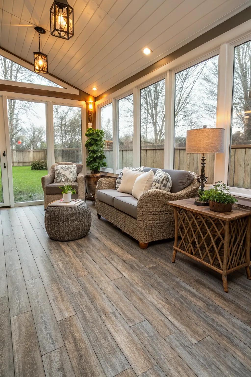 Vinyl plank flooring merges style and strength in a seasonal room.