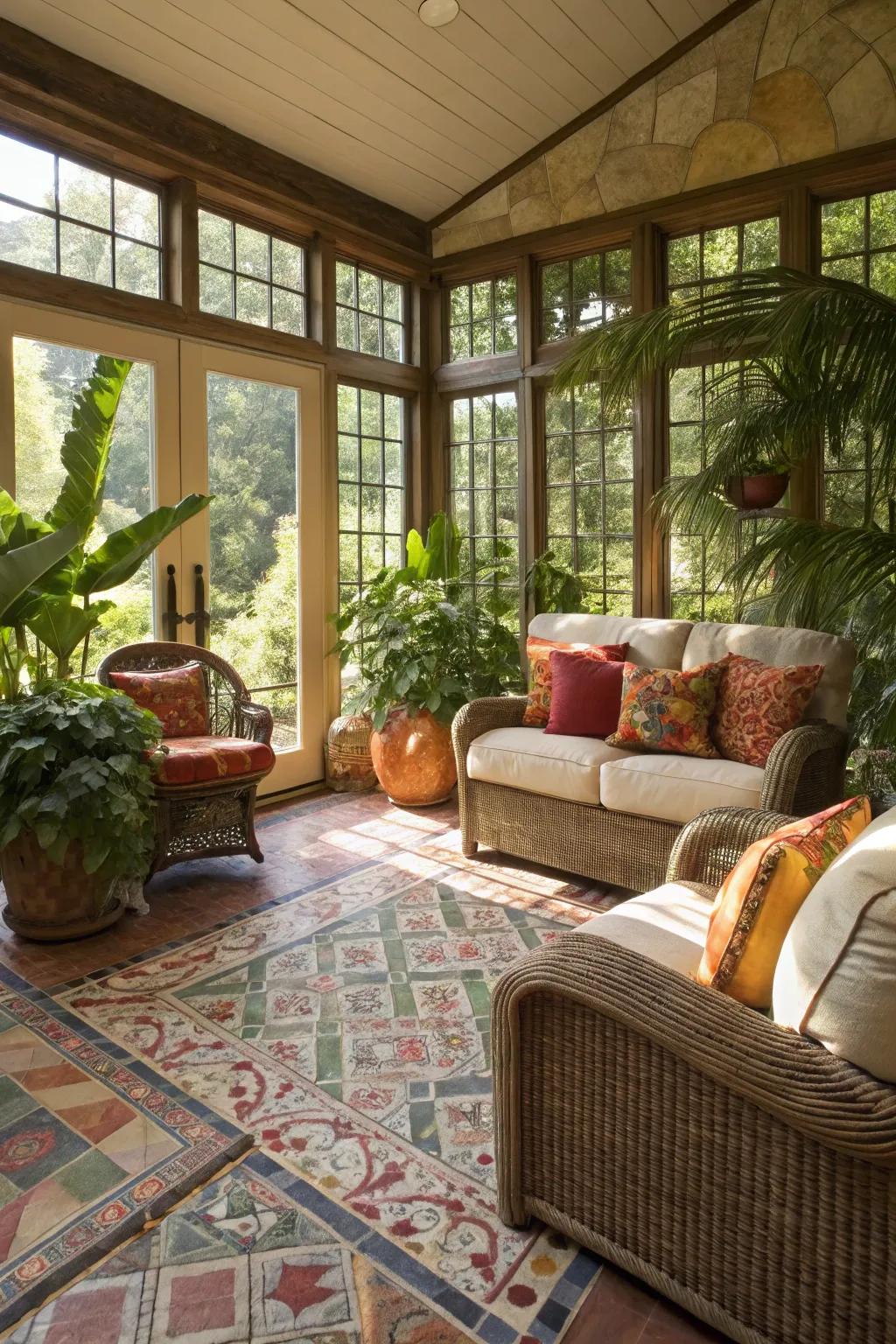 Mediterranean-inspired sunroom showcasing stone tile flooring.