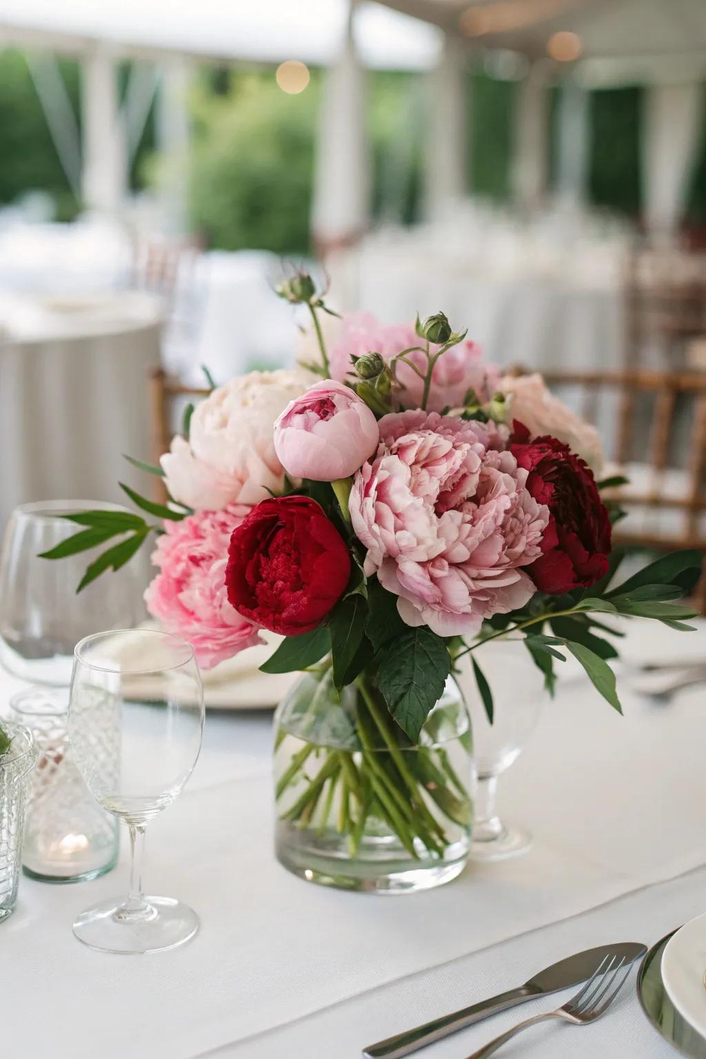 Elegant peony centerpiece displayed in a glass vase, ideal for adding a hint of luxury to your home.