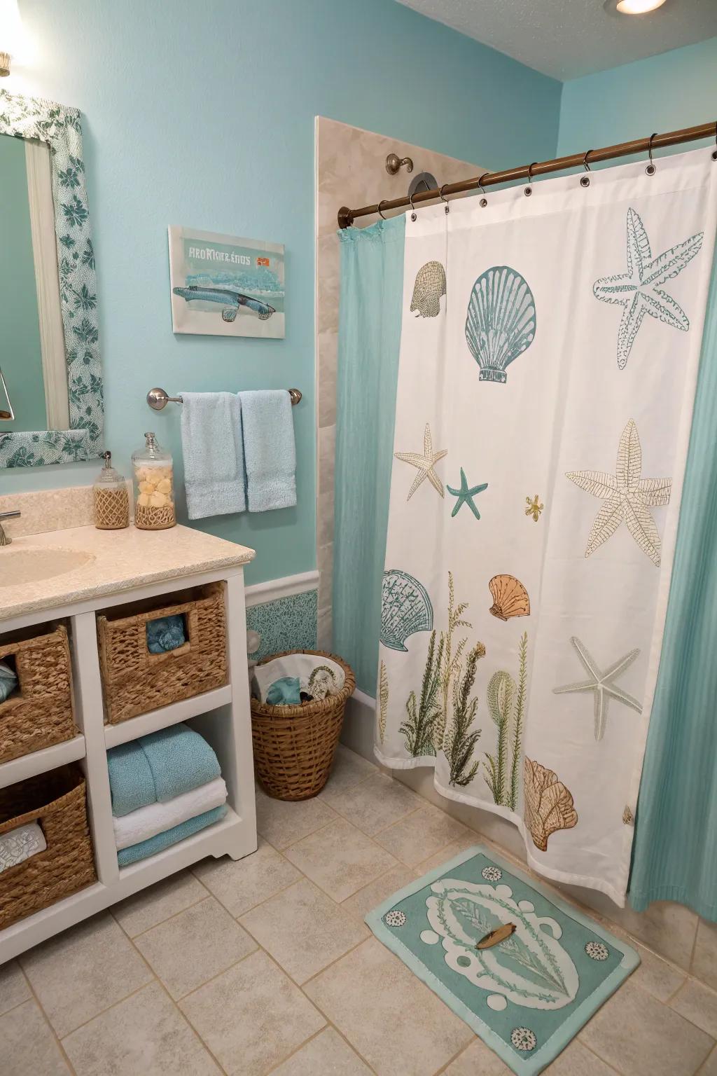 A seaside color scheme transports the beach to your bathroom.