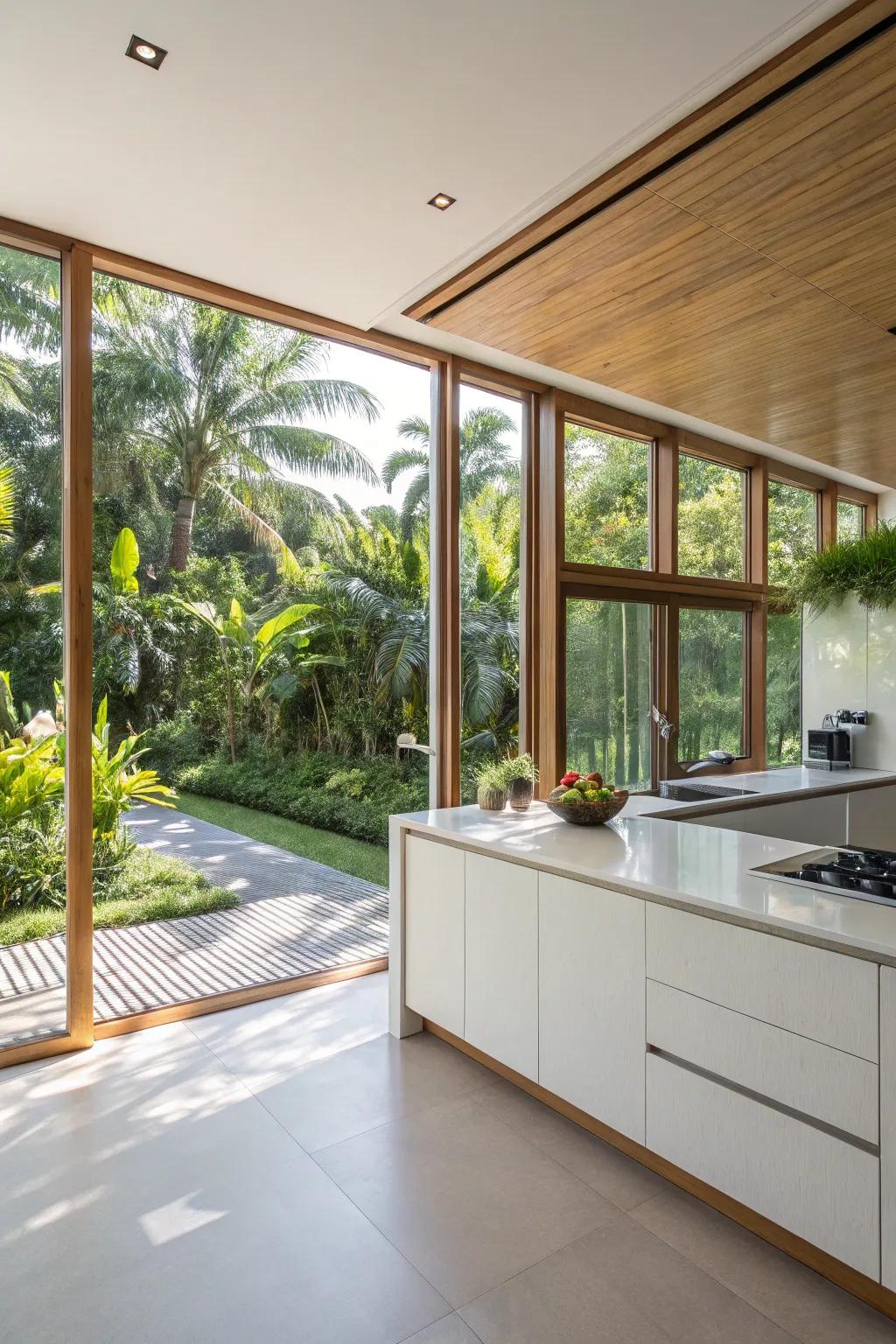 A sun-drenched kitchen that highlights a smooth transition to outdoor views.