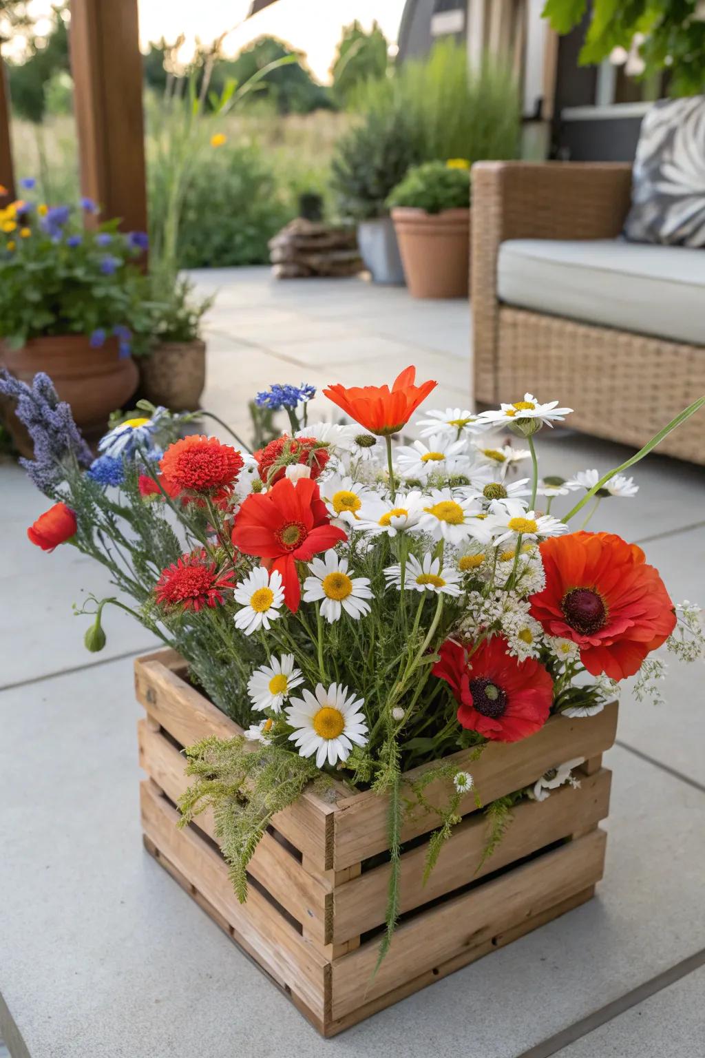 A whimsical naturalistic arrangement creating a laid-back atmosphere on a patio.