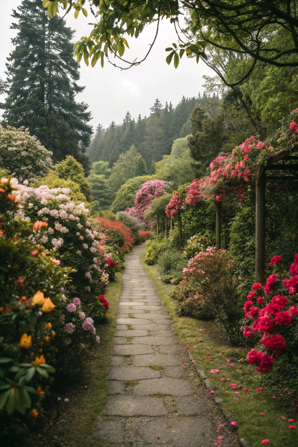 A charming garden walkway bordered with blossoming flowers.
