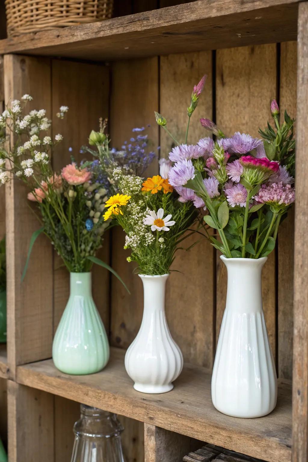 Produce enduring grace using DIY cream glass vases to showcase your flowers.