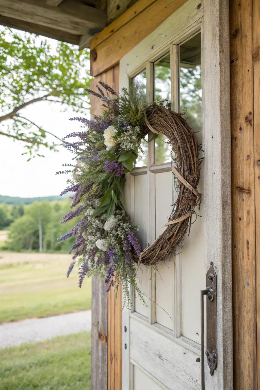 Countryside elegance using a twig and blossom door piece.