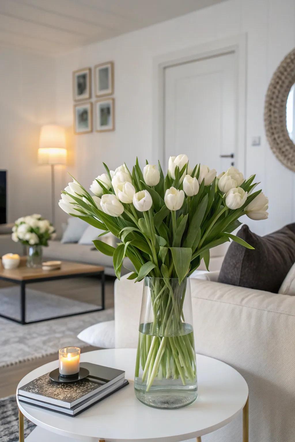 Creamy tulips establishing a tranquil feel in a contemporary living space.