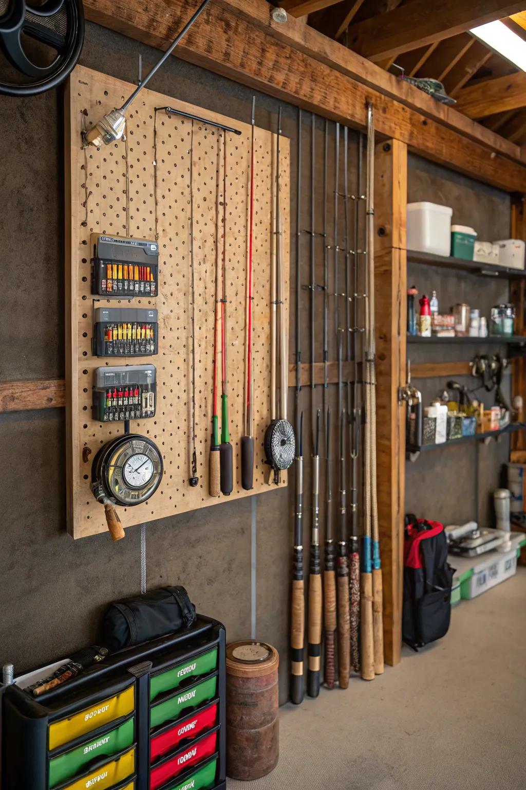 Adaptable pegboard system for varied gear.