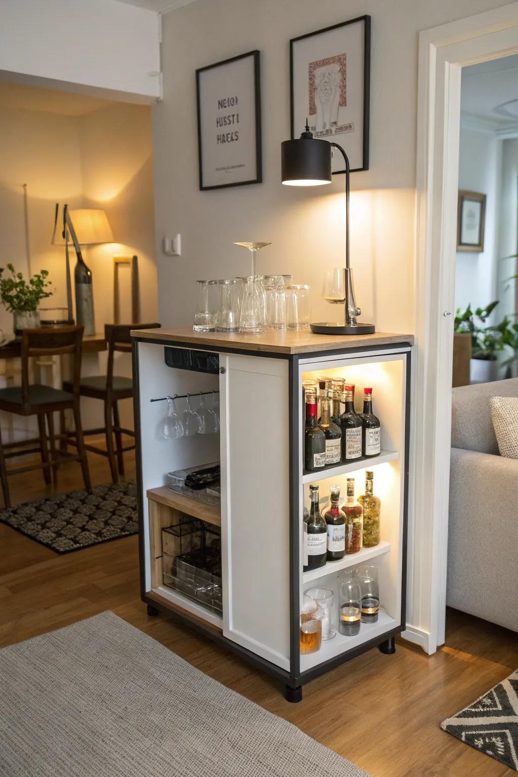 An elegant, small-scale bar that finds its place perfectly in a small apartment's nook.
