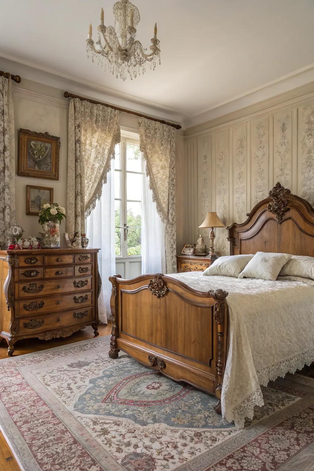 Classic furniture lends character to this French-inspired bedroom.