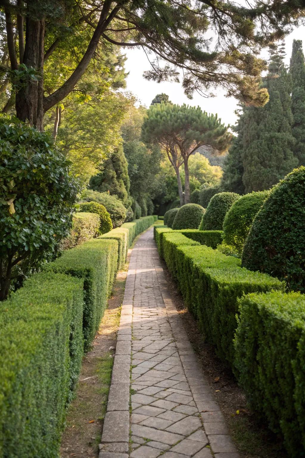 Buxus plants lining a trail, adding a sense of order and grace.