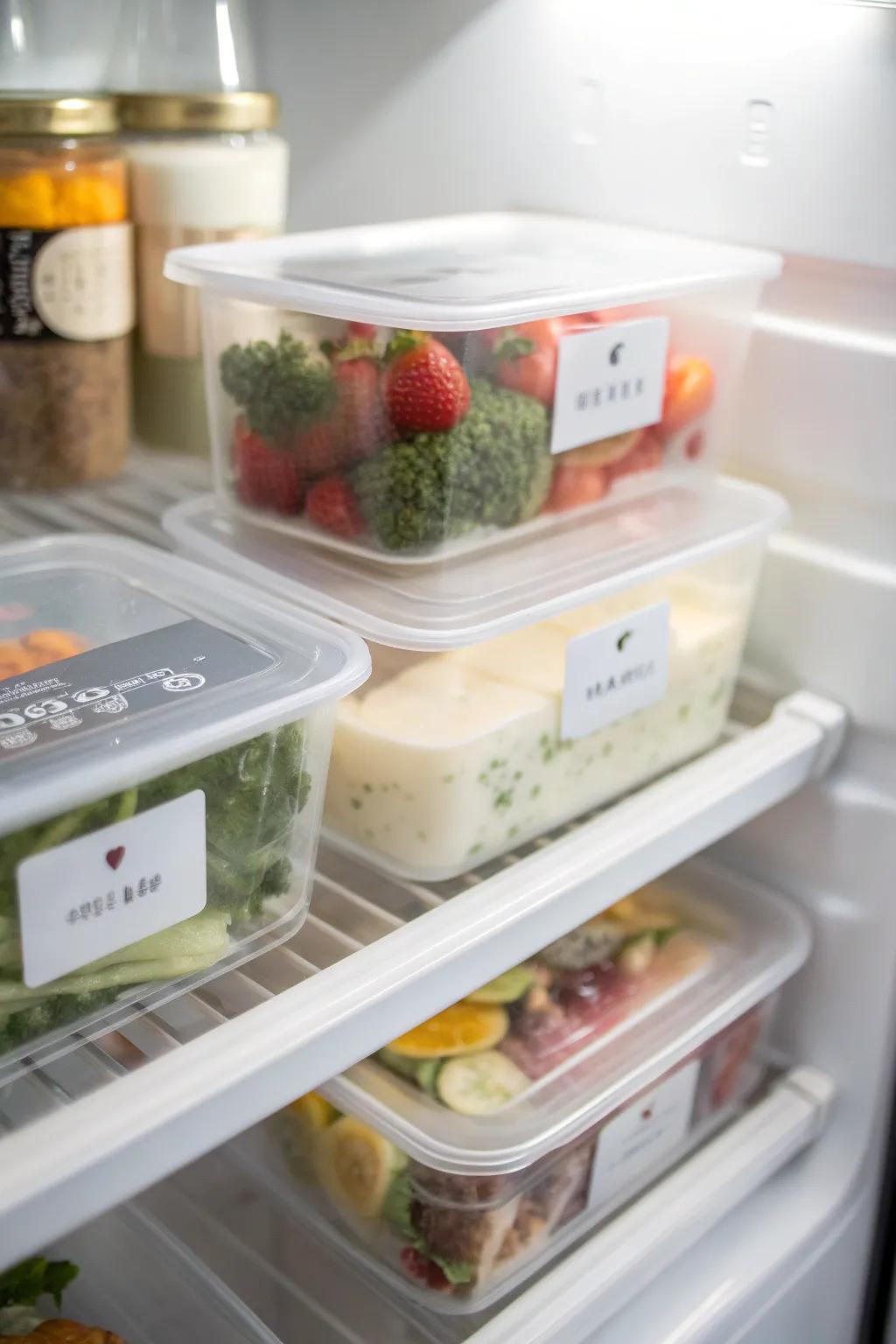Labeled bins help ensure the fridge stays organized and efficient.