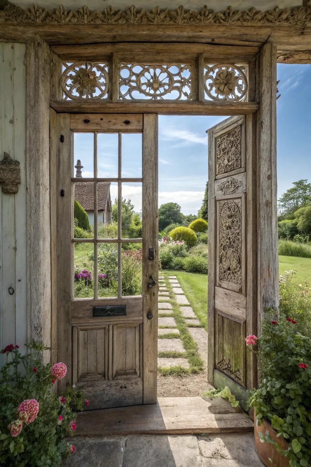 A classic wood door with clear glass sidelight creating a warm welcome.
