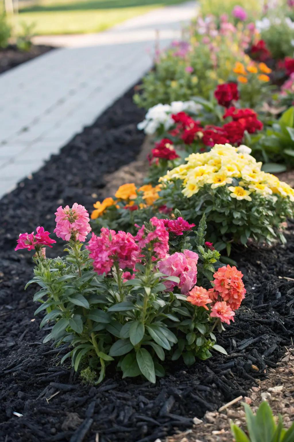 Allow your flowers to glow against the striking backdrop of dark ground cover.