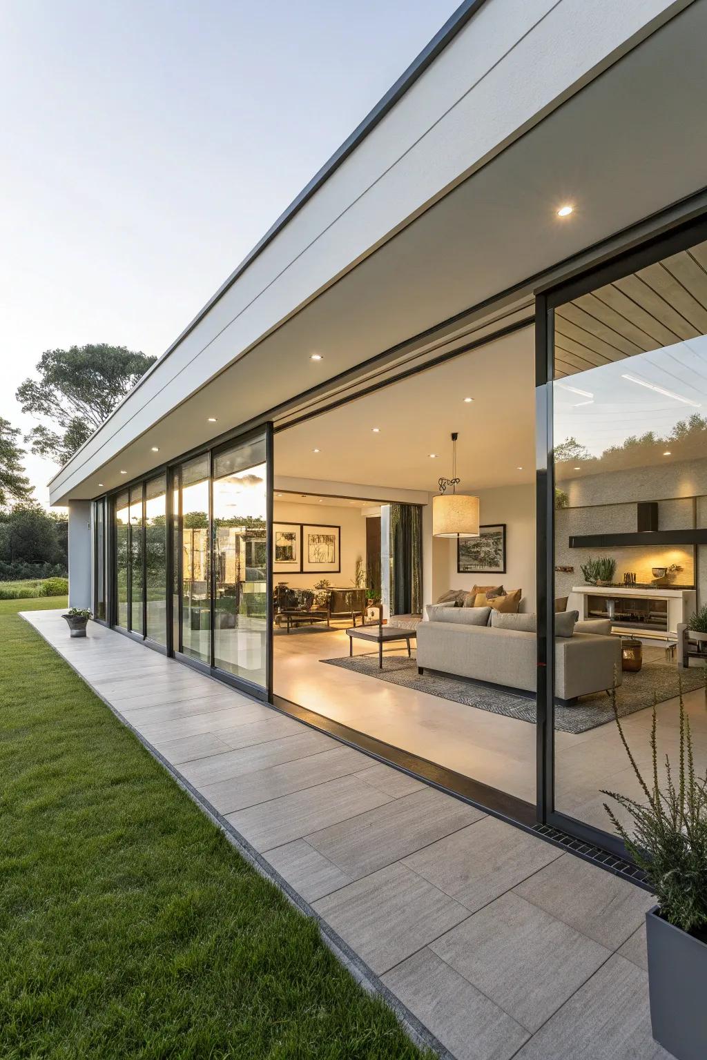A contemporary home showcasing expansive glass doors that brighten the interior.