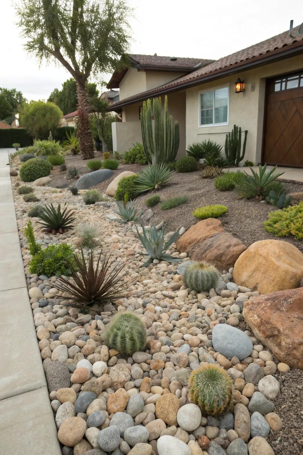 A grass-free front yard with river stones presents an elegant and sustainable choice.