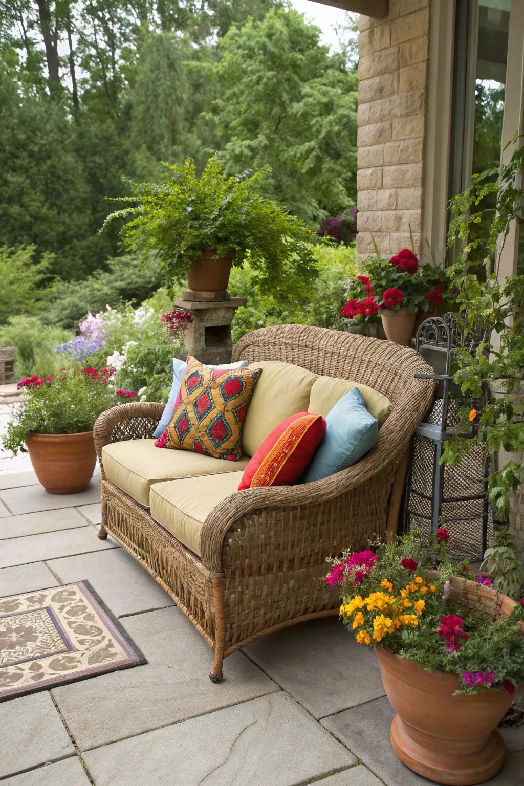 Rattan couches blend resilience with ease for an appealing patio setting.