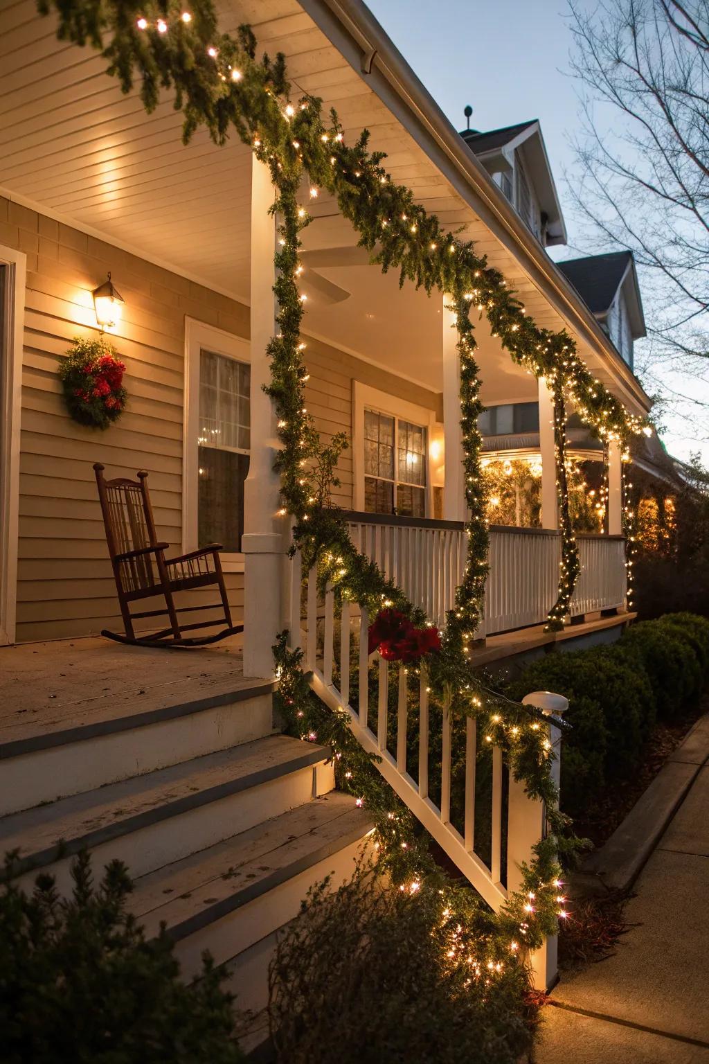 Garlands paired with lights fashion a festive radiance on your porch.