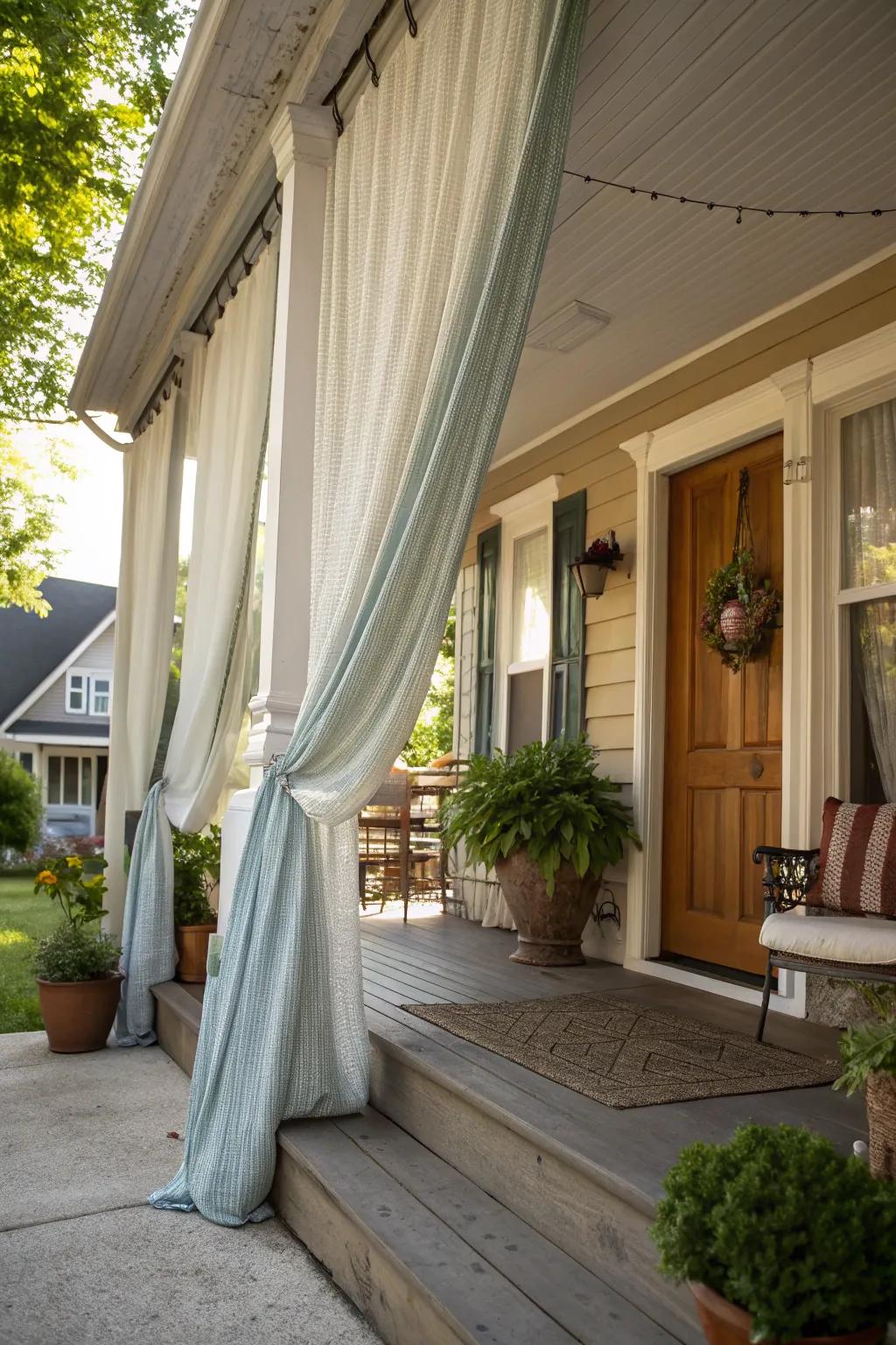 Exterior textiles impart seclusion and grace onto a lovely front porch.
