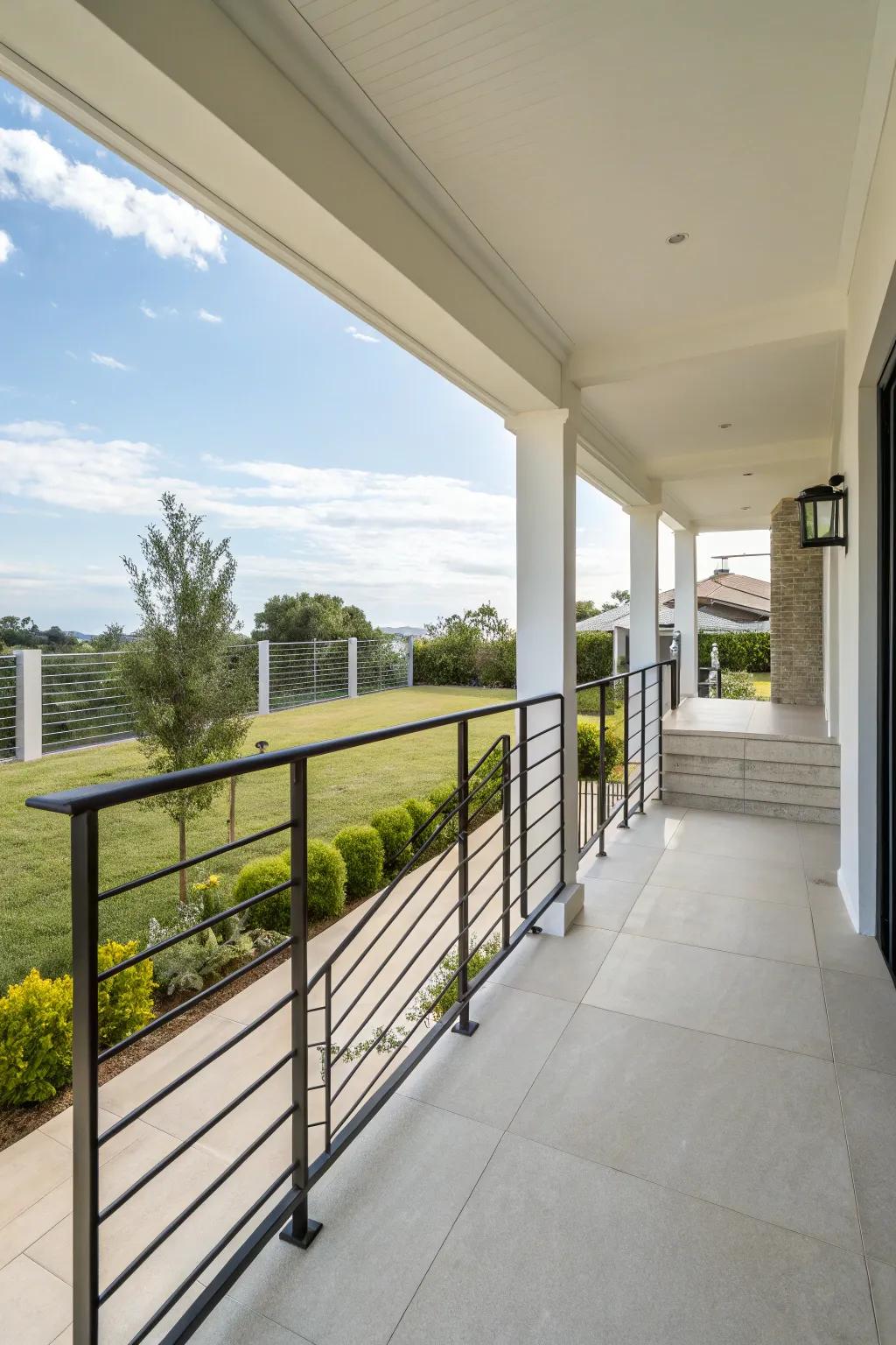A modern porch featuring simple metal borders for a current feel.