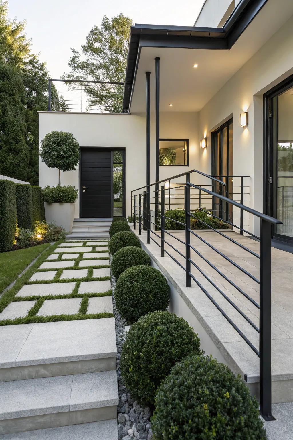Sleek metal railings give a modern touch to your front steps.