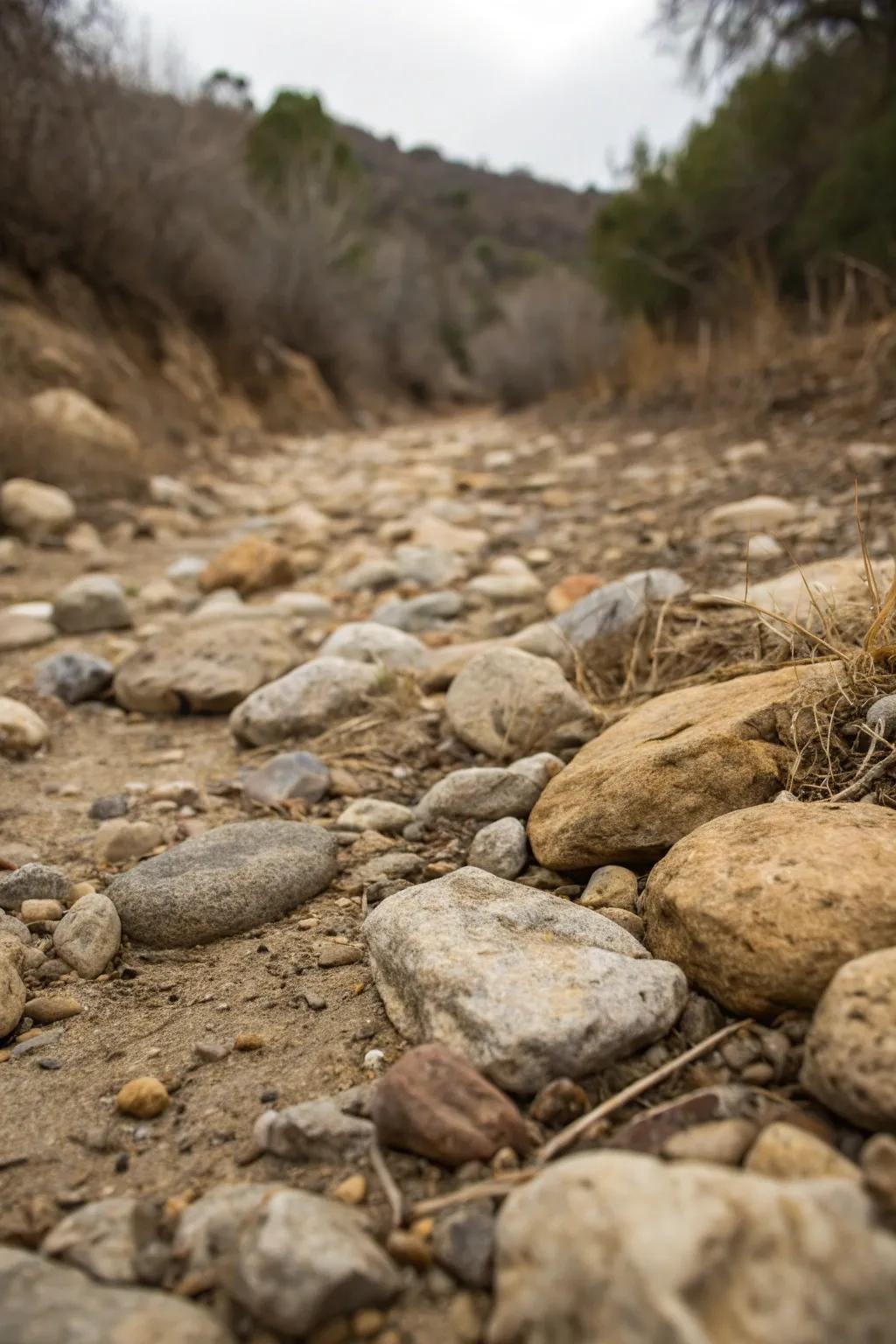 Blend varied stone textures for a luxurious, layered influence within your dry streambed.