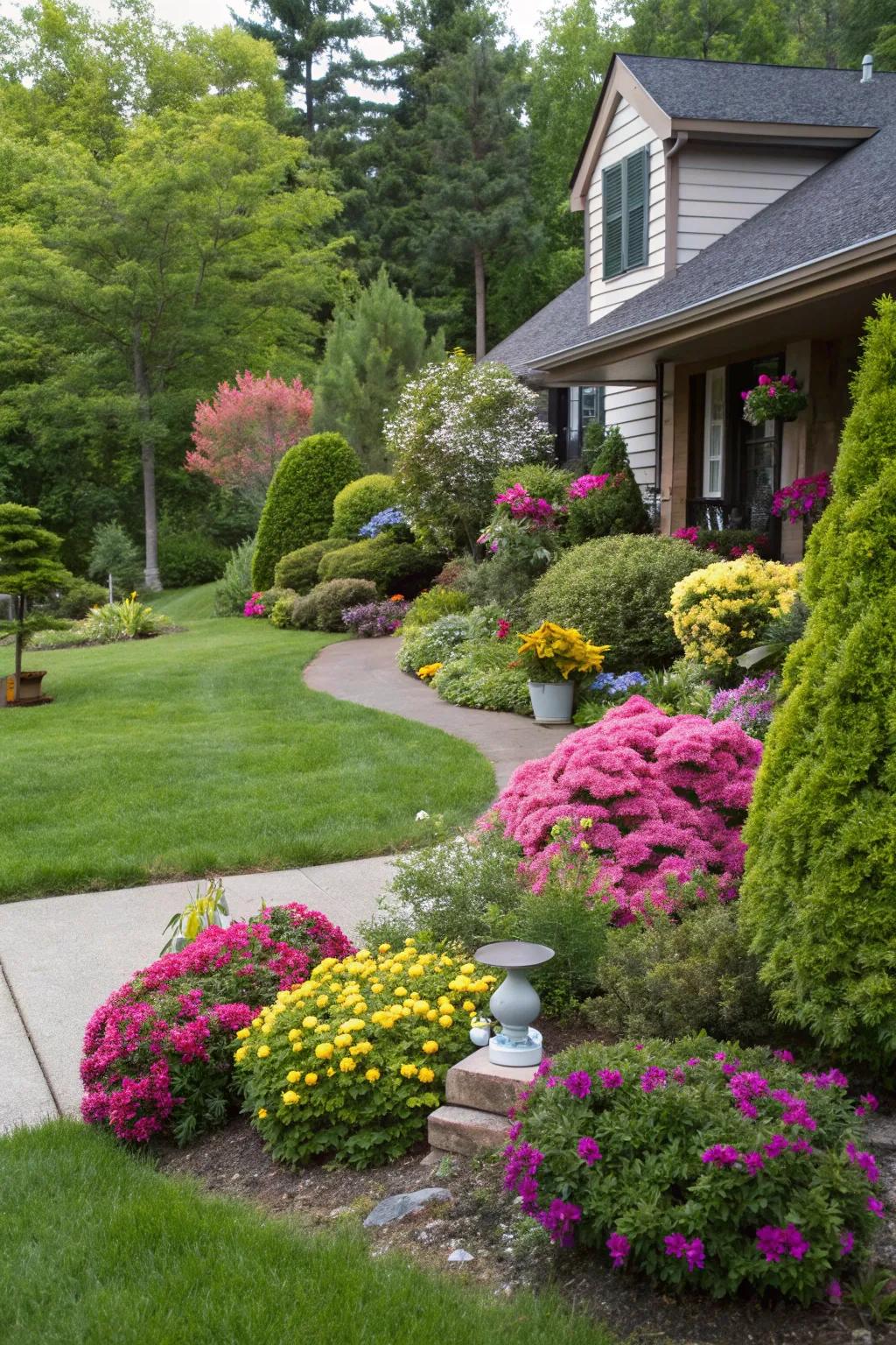 Evergreens paired with seasonal flowers fashion a captivating juxtaposition.