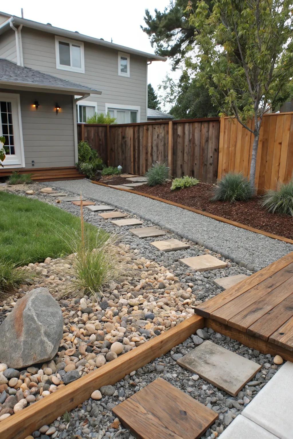 A blend of gravel textures and wooden features generates a remarkable visual contrast.