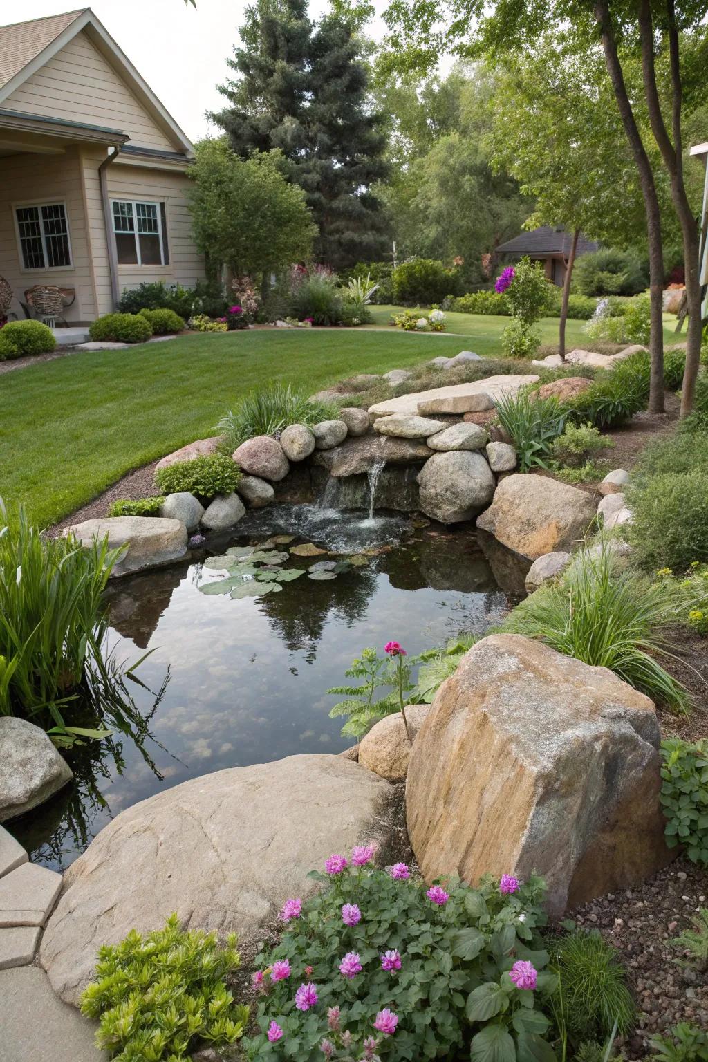 Amplify your landscape's appeal with a serene water element integrated with massive stones.