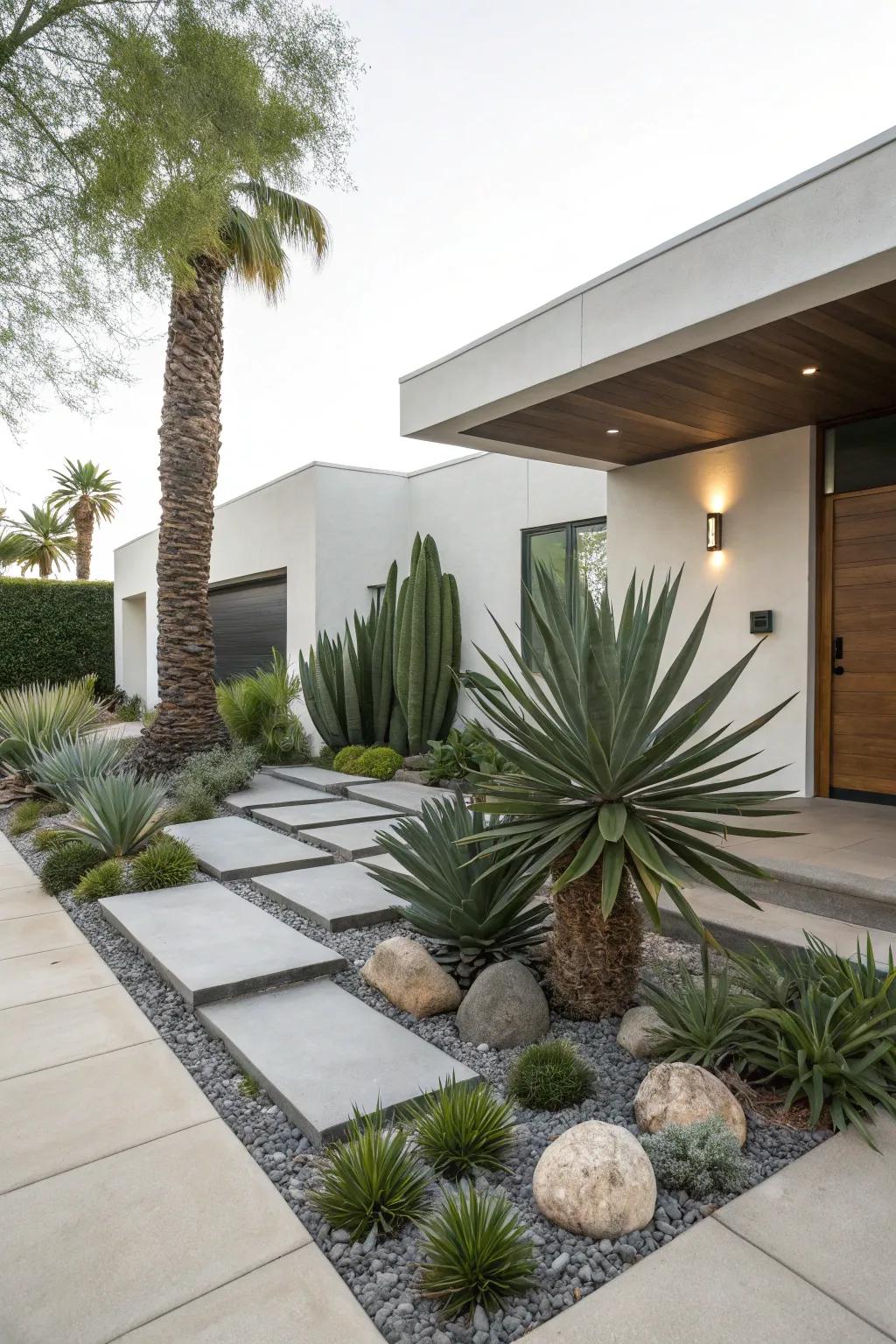 Sculptural flora such as yucca and agave append height and spectacle to contemporary landscaping.