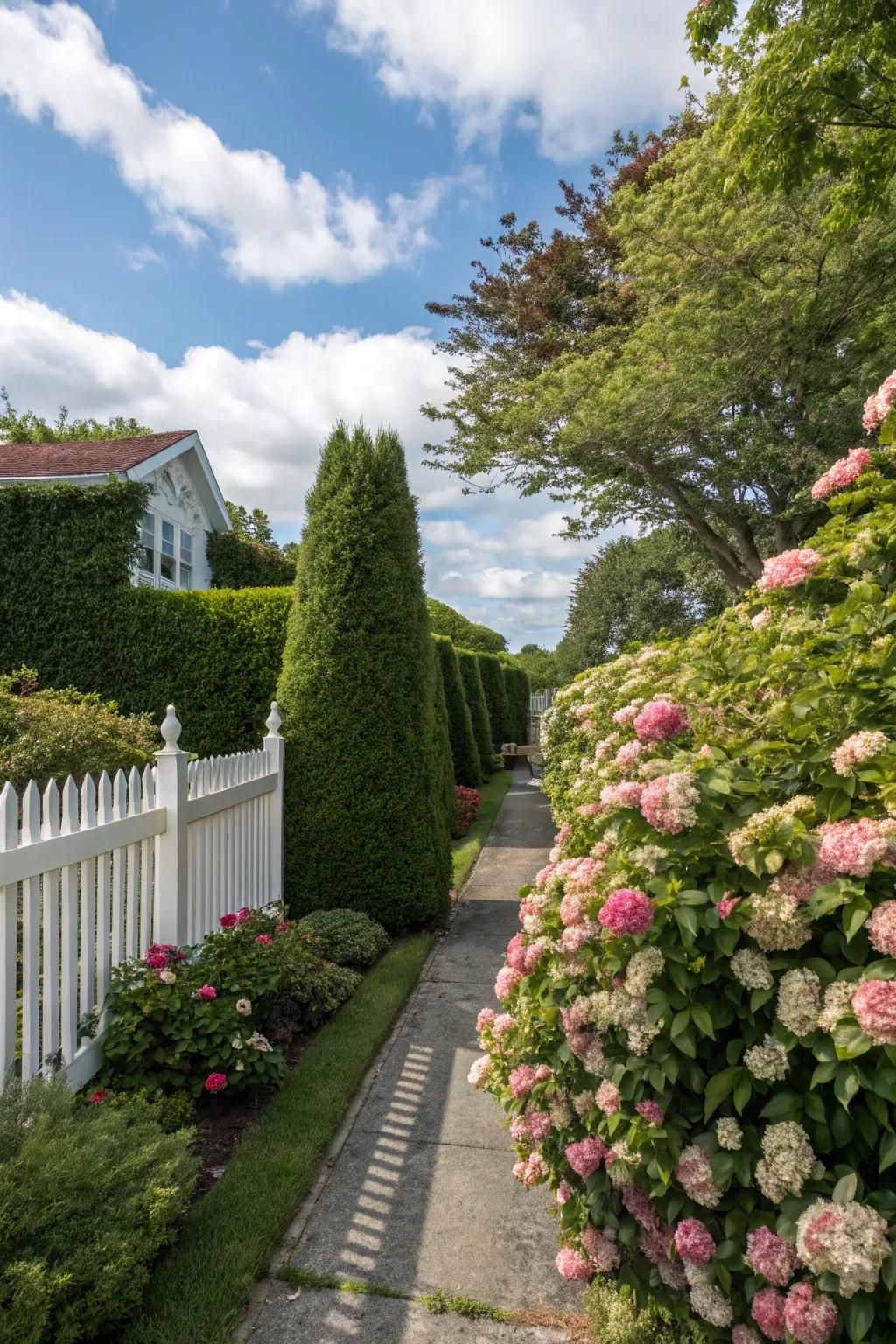 Green barriers and bushes create natural privacy screens that integrate with the landscape.