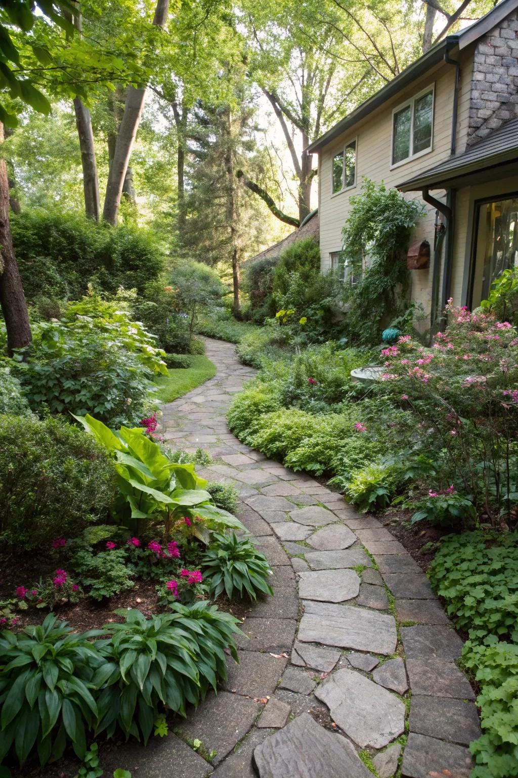 A stone walkway provides structure and direction throughout the garden.