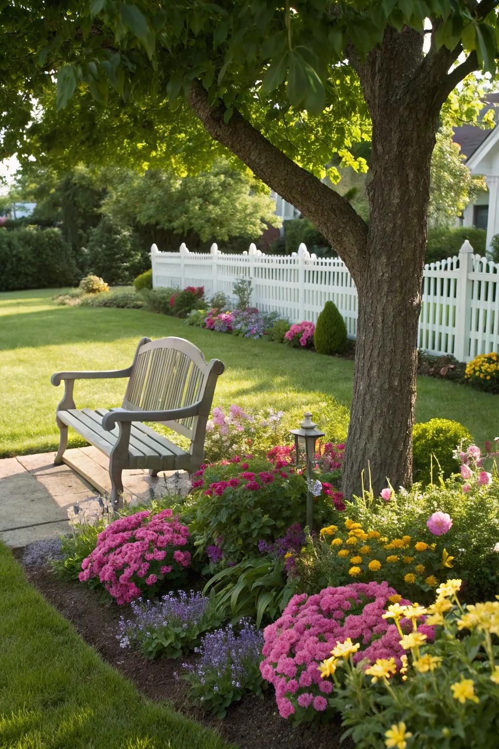 Discover tranquility with a peaceful bench retreat in your front garden.