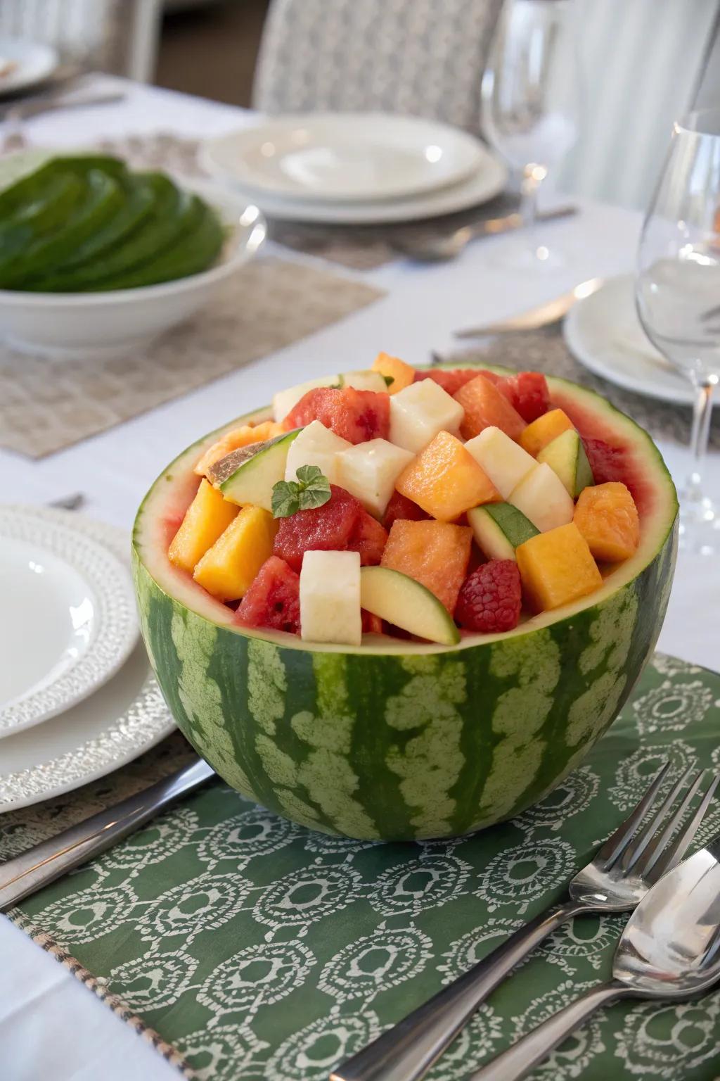 A carved watermelon vessel packed with fruit cubes adds a touch of rustic appeal.
