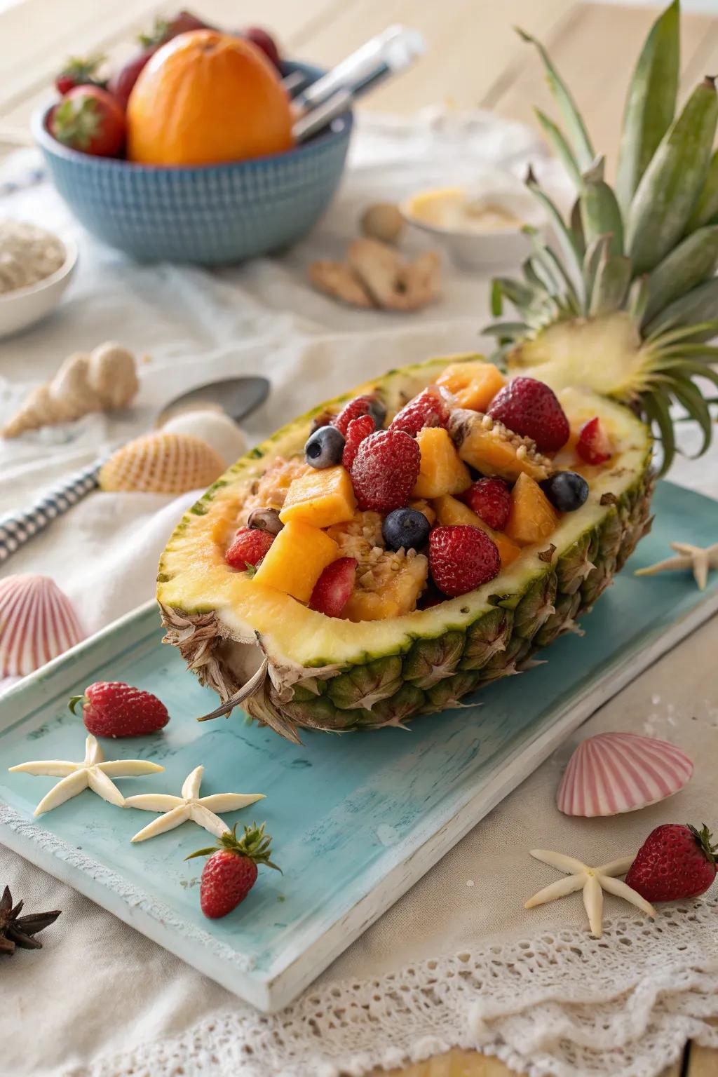 A pineapple bowl provides a tropical and memorable fruit salad design.