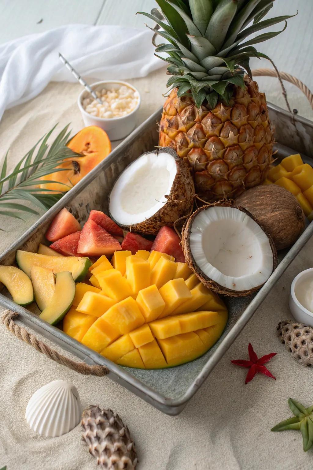 A vibrant mix of tropical fruits that evokes the sensation of being on a faraway island.