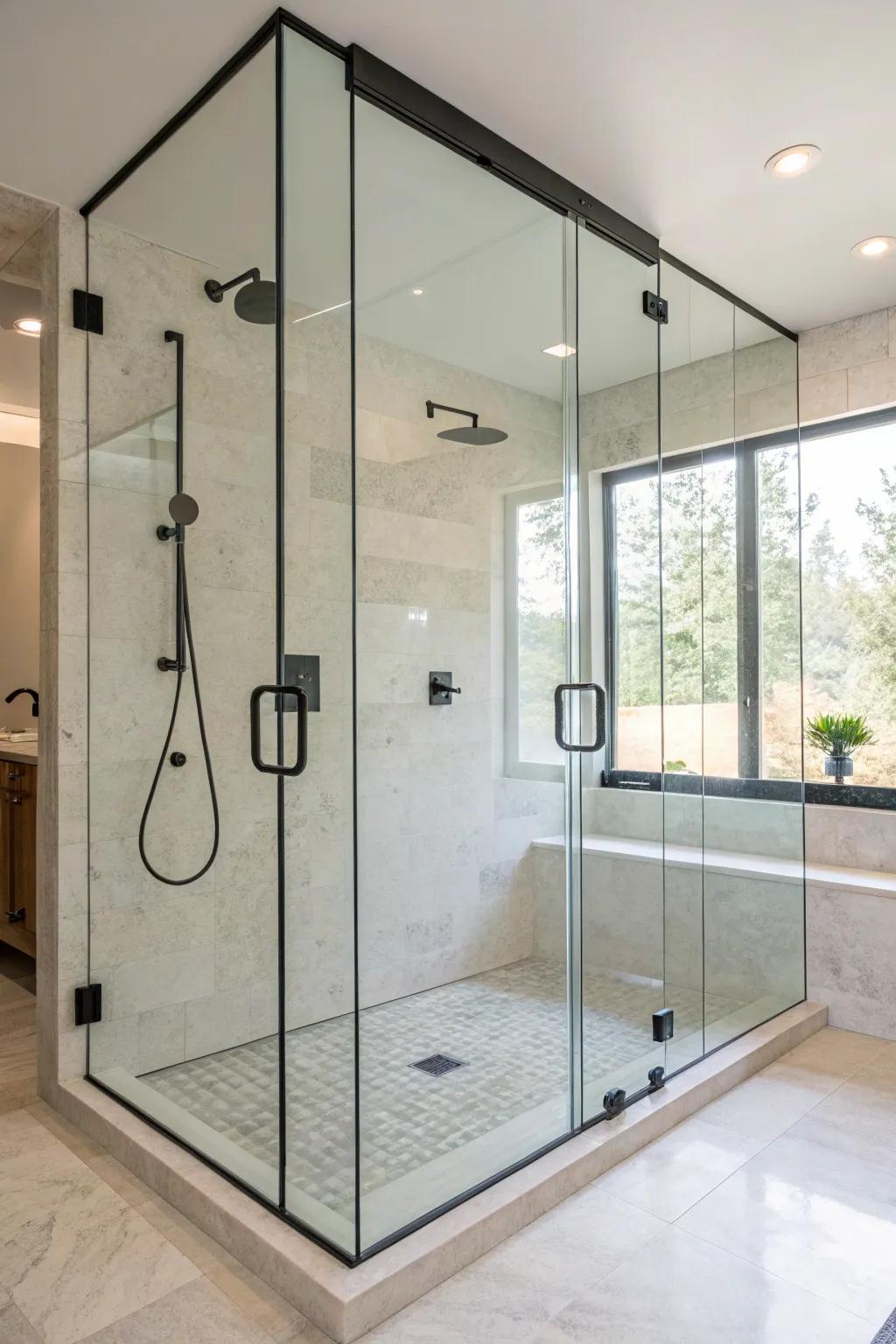 A modern walk-in shower gives off an aura of luxury and spaciousness.