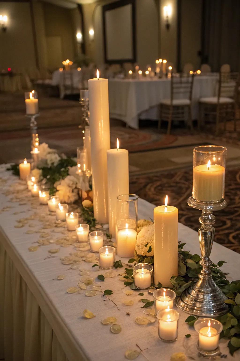 The appeal of candlelight is illustrated by a varied selection of candles beautifully arranged on a gala table.