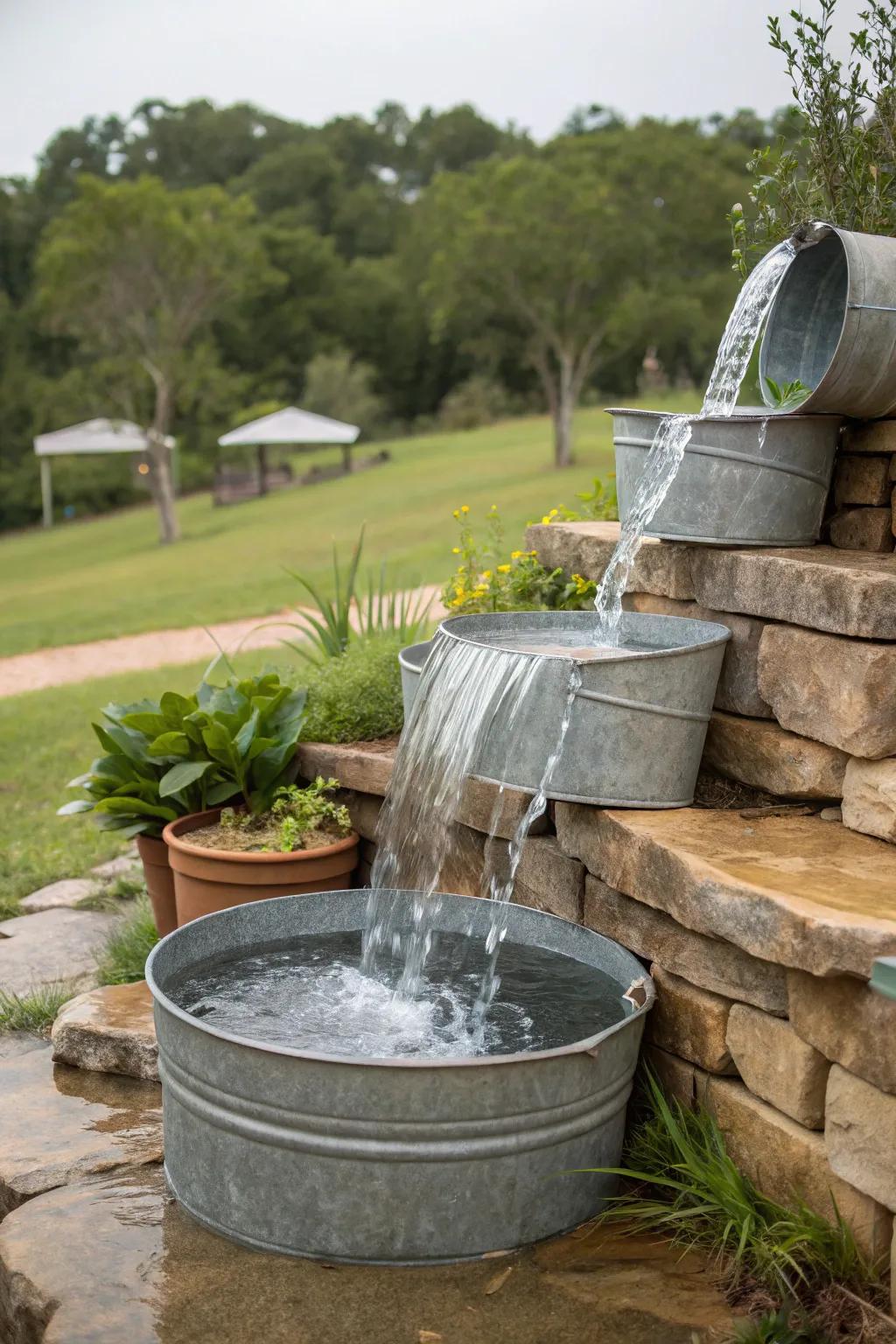 Fluid cascading through stacked basins crafts a serene cascade.