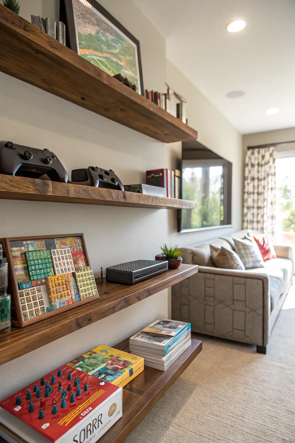 Weightless shelves combine storage and style in a gaming setting.