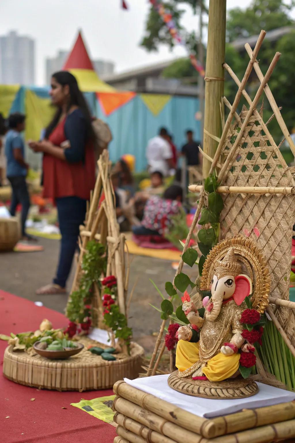 Eco-thoughtful decorations employing bamboo and recycled goods for an eco-friendly Ganesh Chaturthi celebration.