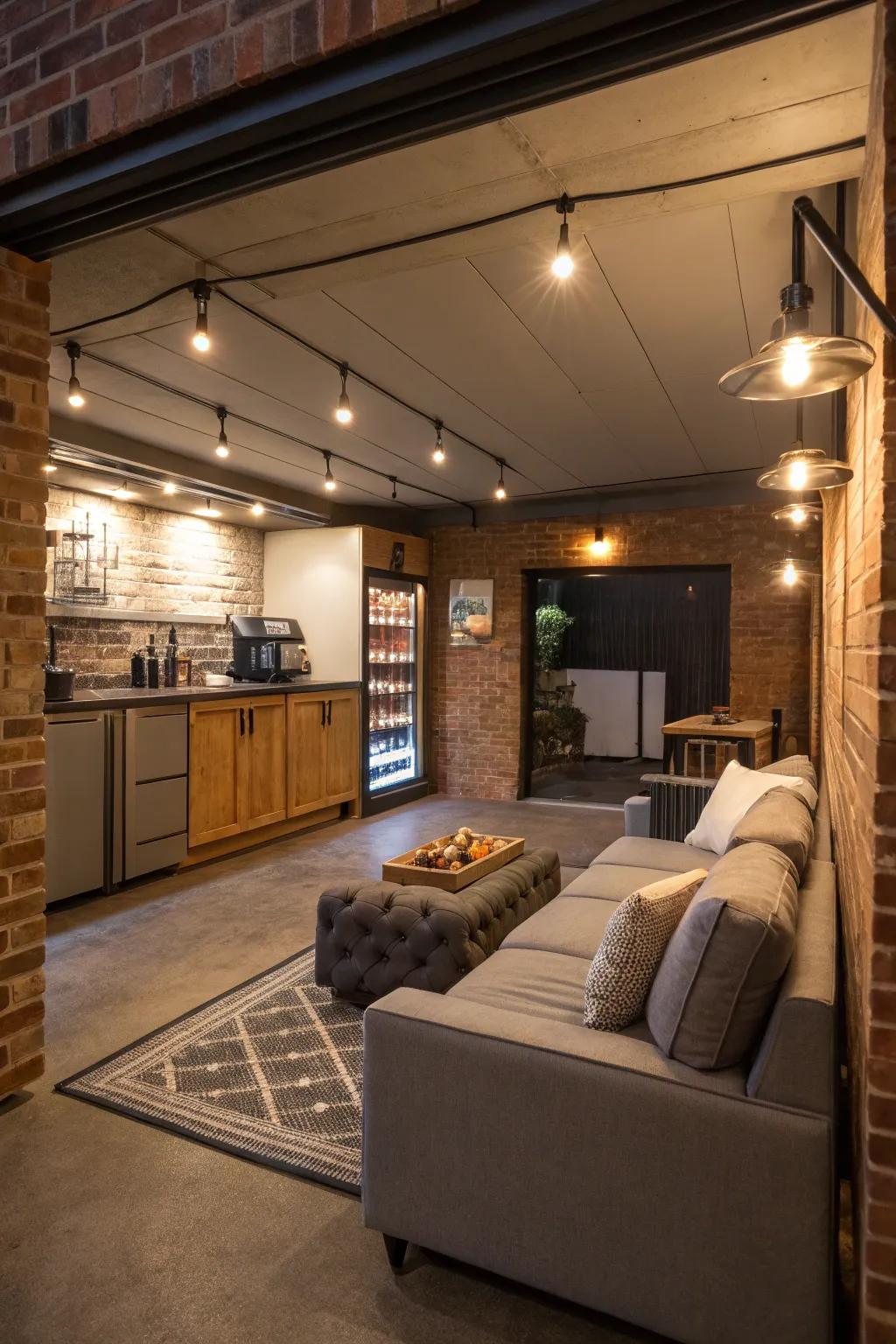 A garage does double duty as a classy lounge for entertaining.