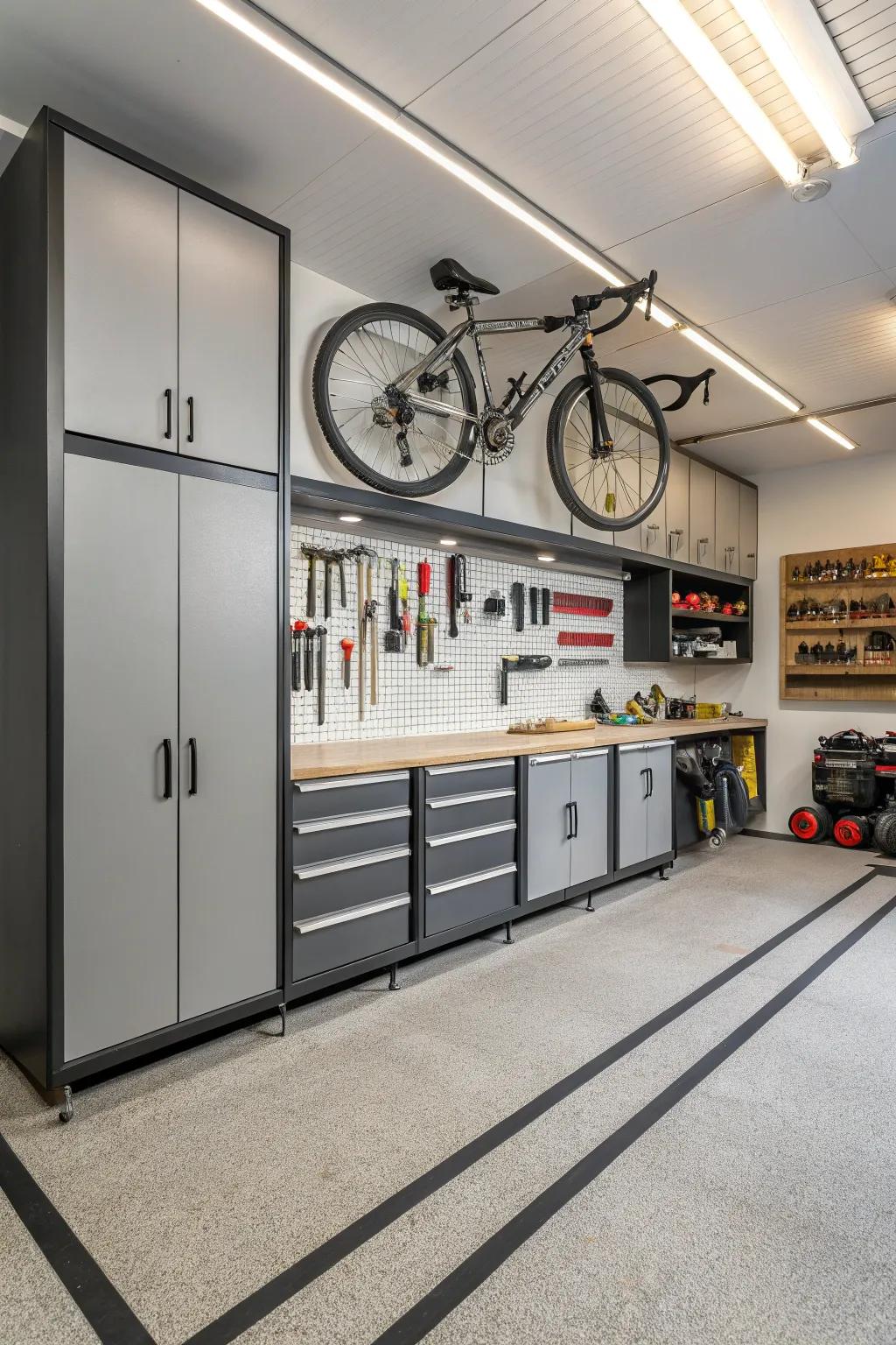 Bespoke cabinets maintain a clutter-free and fashionable garage.