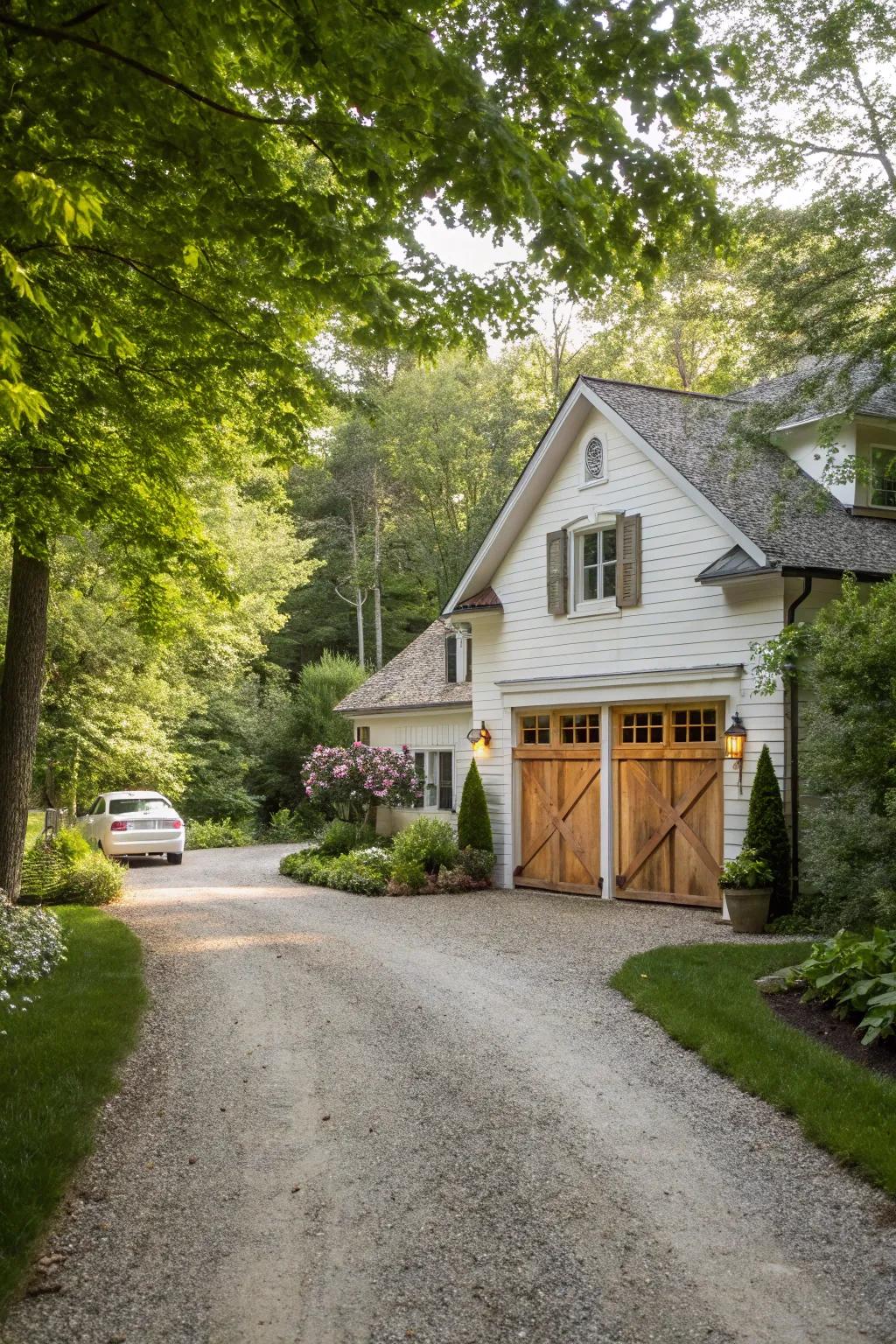 A loose stone driveway flawlessly complementing a country-style home.