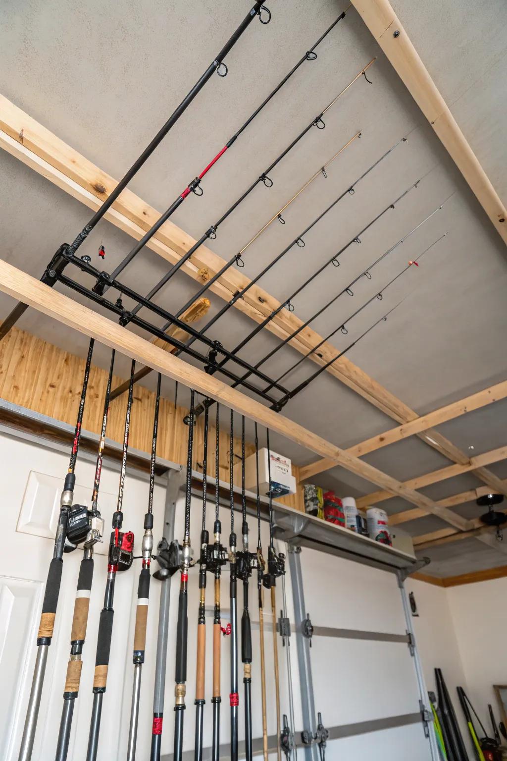 Overhead pole mounts optimize storage space while showing off your prized fishing poles.