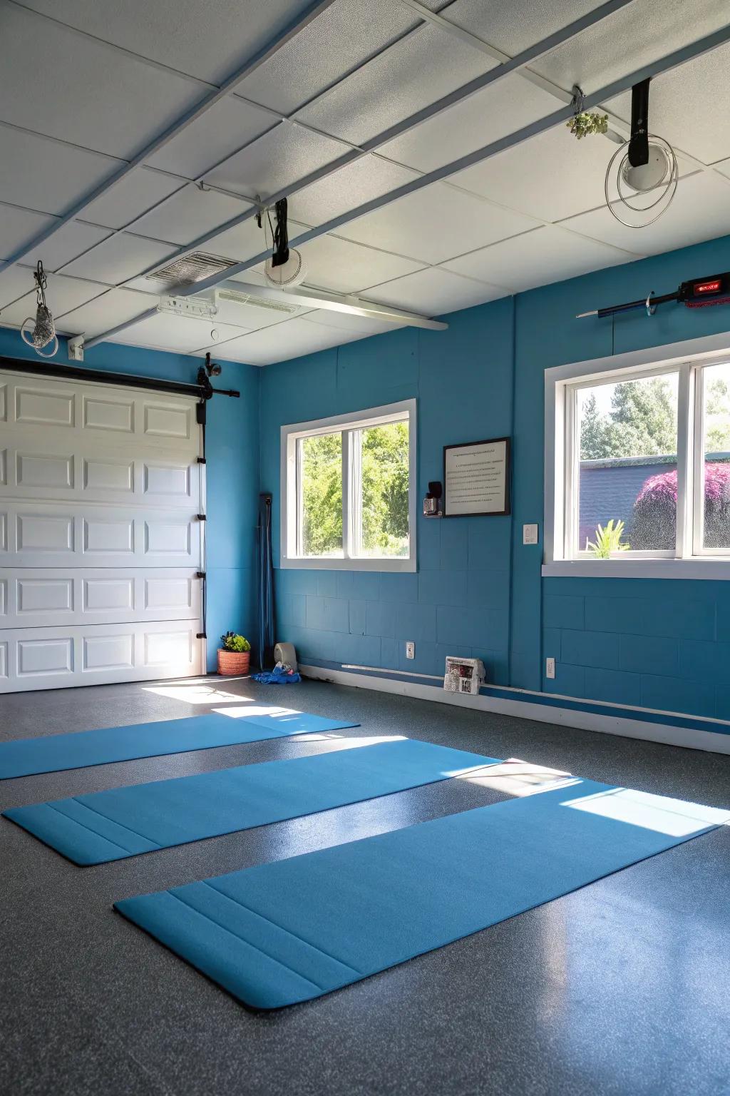Tranquil blue walls create the perfect space for yoga and unwinding.