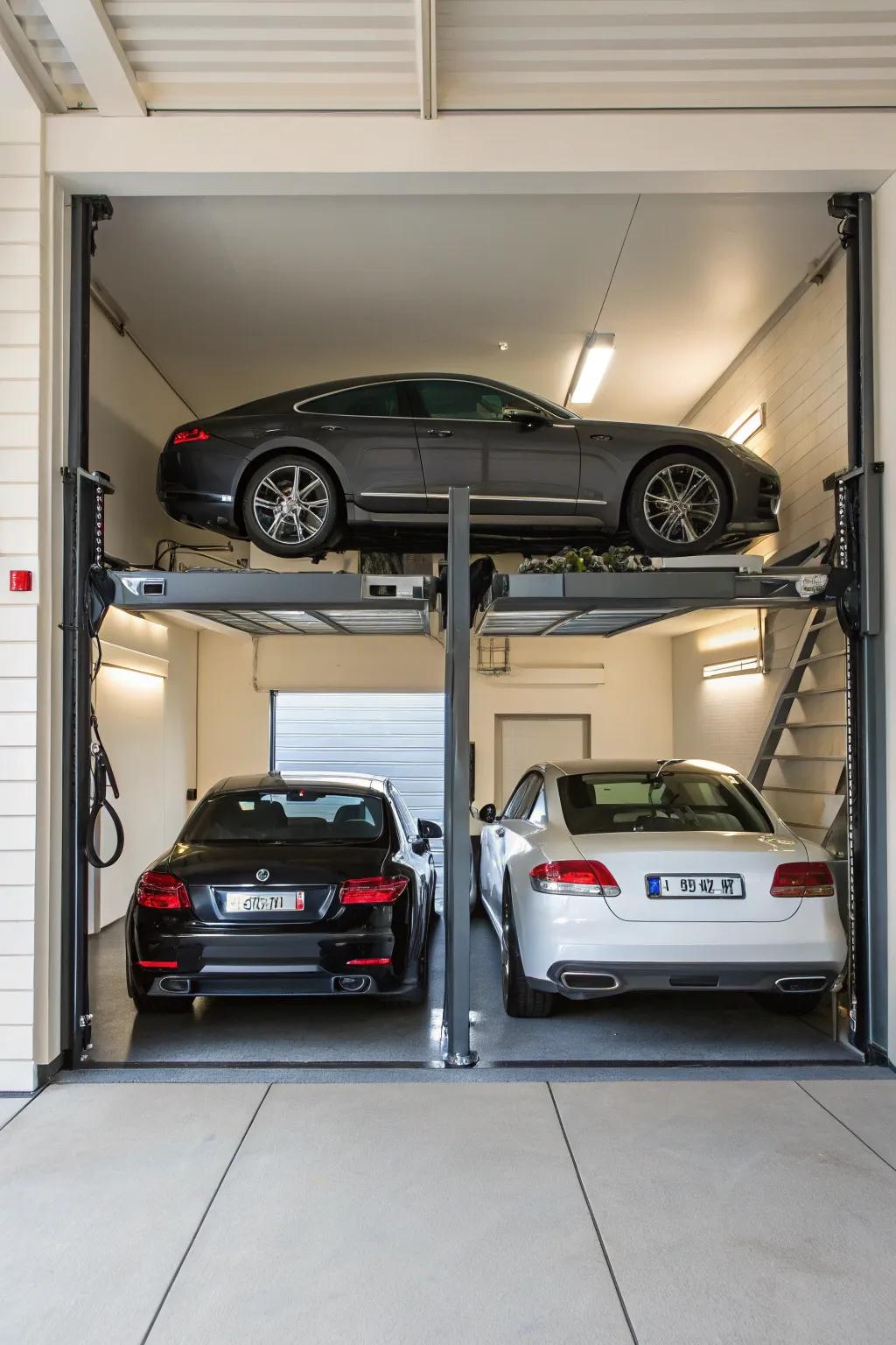 A four-post elevation system maximizes garage space by stacking vehicles vertically.
