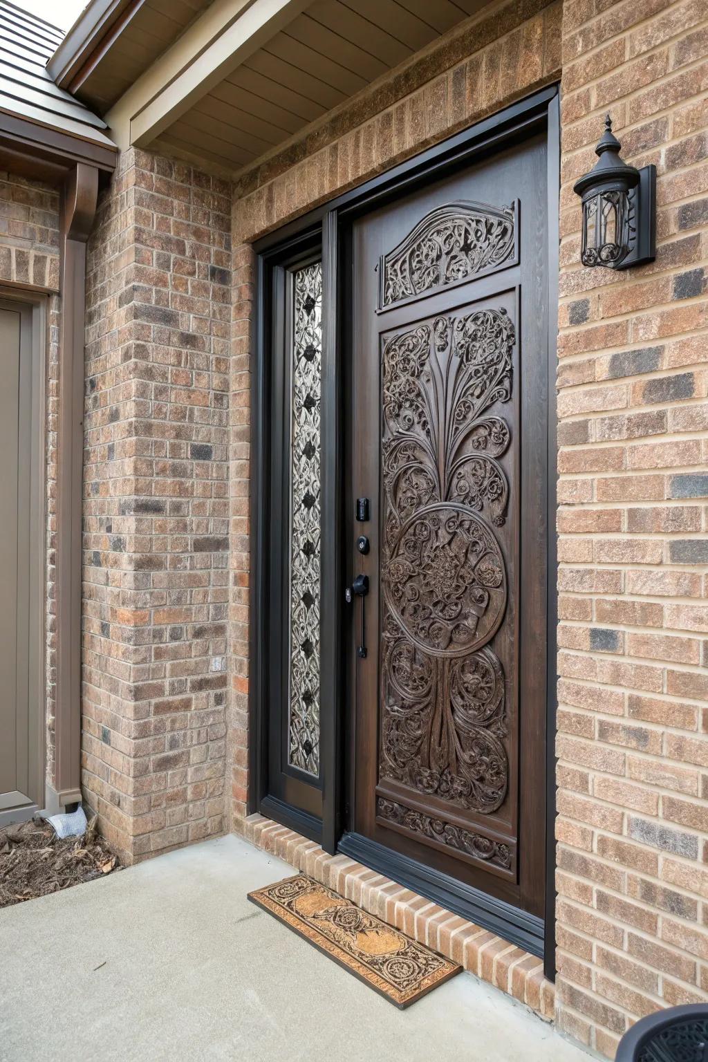 Delicate carvings give a special touch to this garage entryway door.