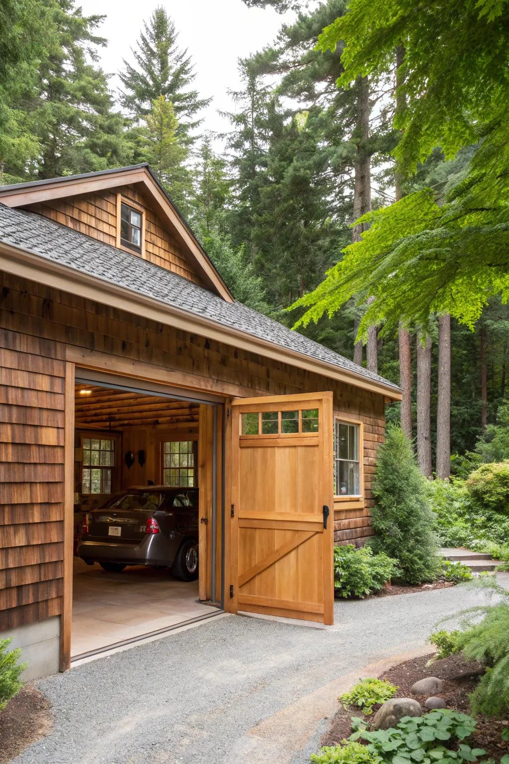 Charming wooden garage trim radiating warmth.